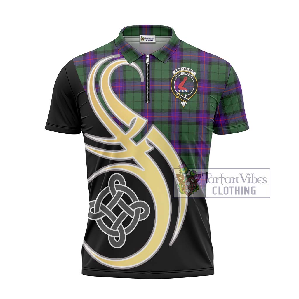 Tartan Vibes Clothing Armstrong Modern Tartan Zipper Polo Shirt with Family Crest and Celtic Symbol Style