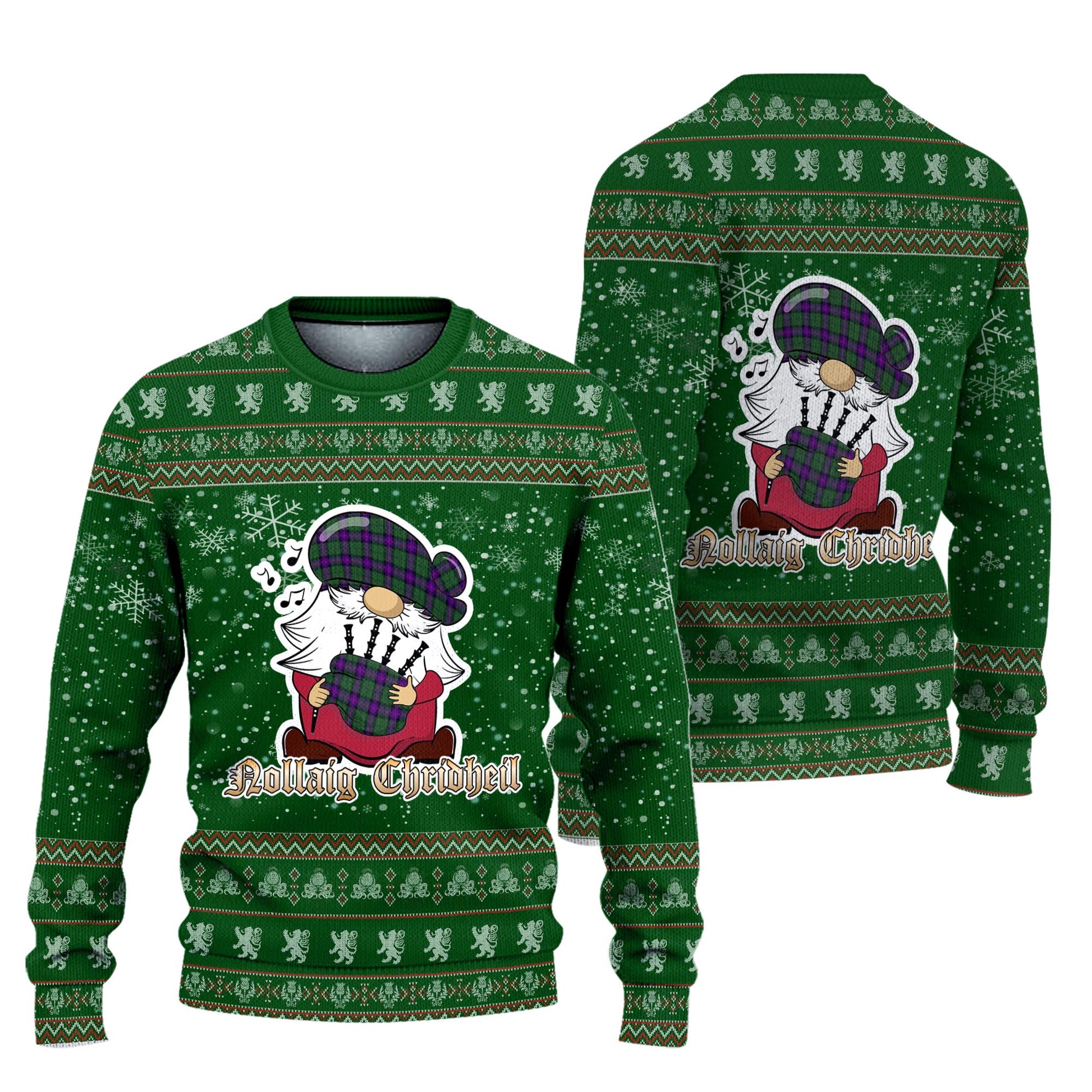 Armstrong Modern Clan Christmas Family Knitted Sweater with Funny Gnome Playing Bagpipes Unisex Green - Tartanvibesclothing