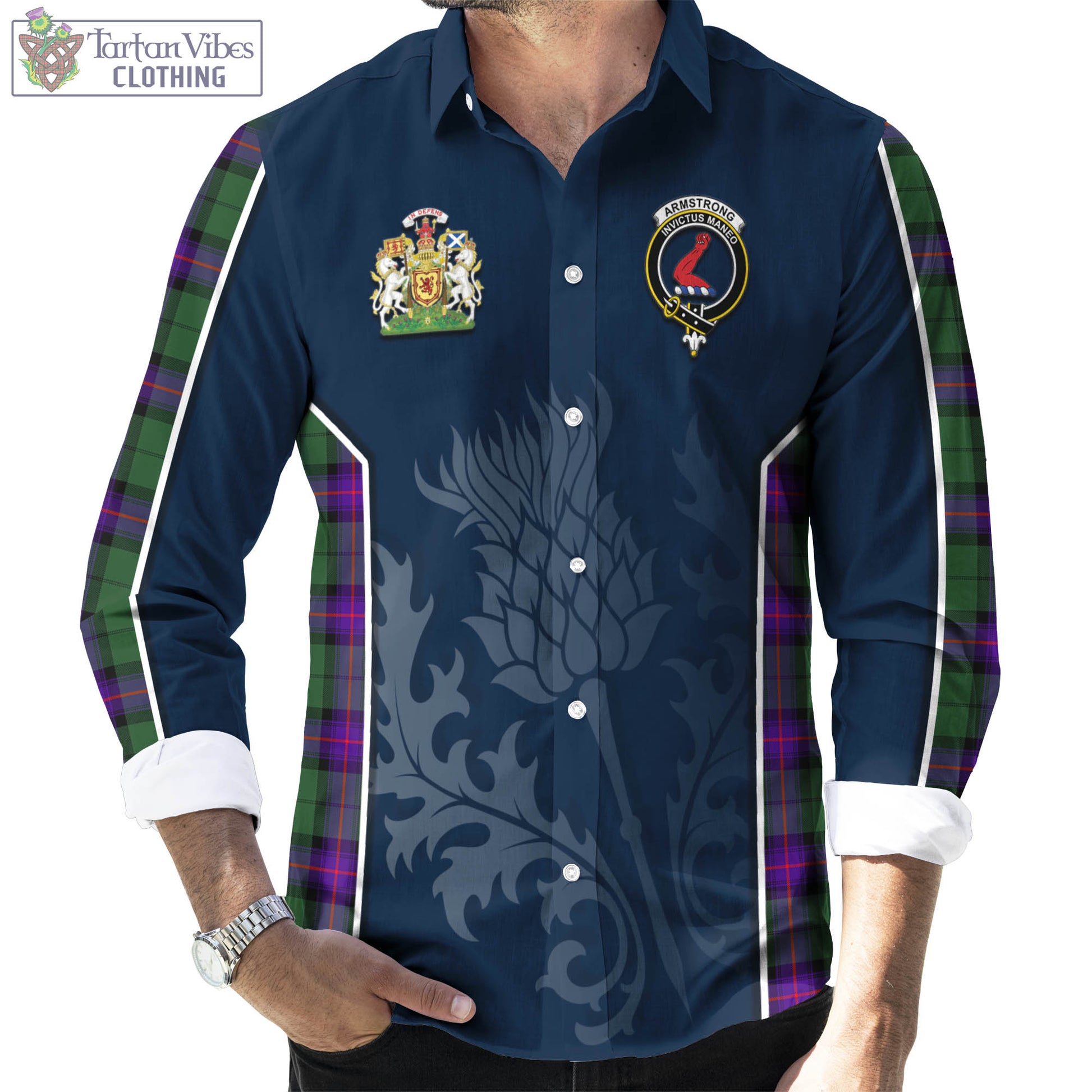 Tartan Vibes Clothing Armstrong Modern Tartan Long Sleeve Button Up Shirt with Family Crest and Scottish Thistle Vibes Sport Style