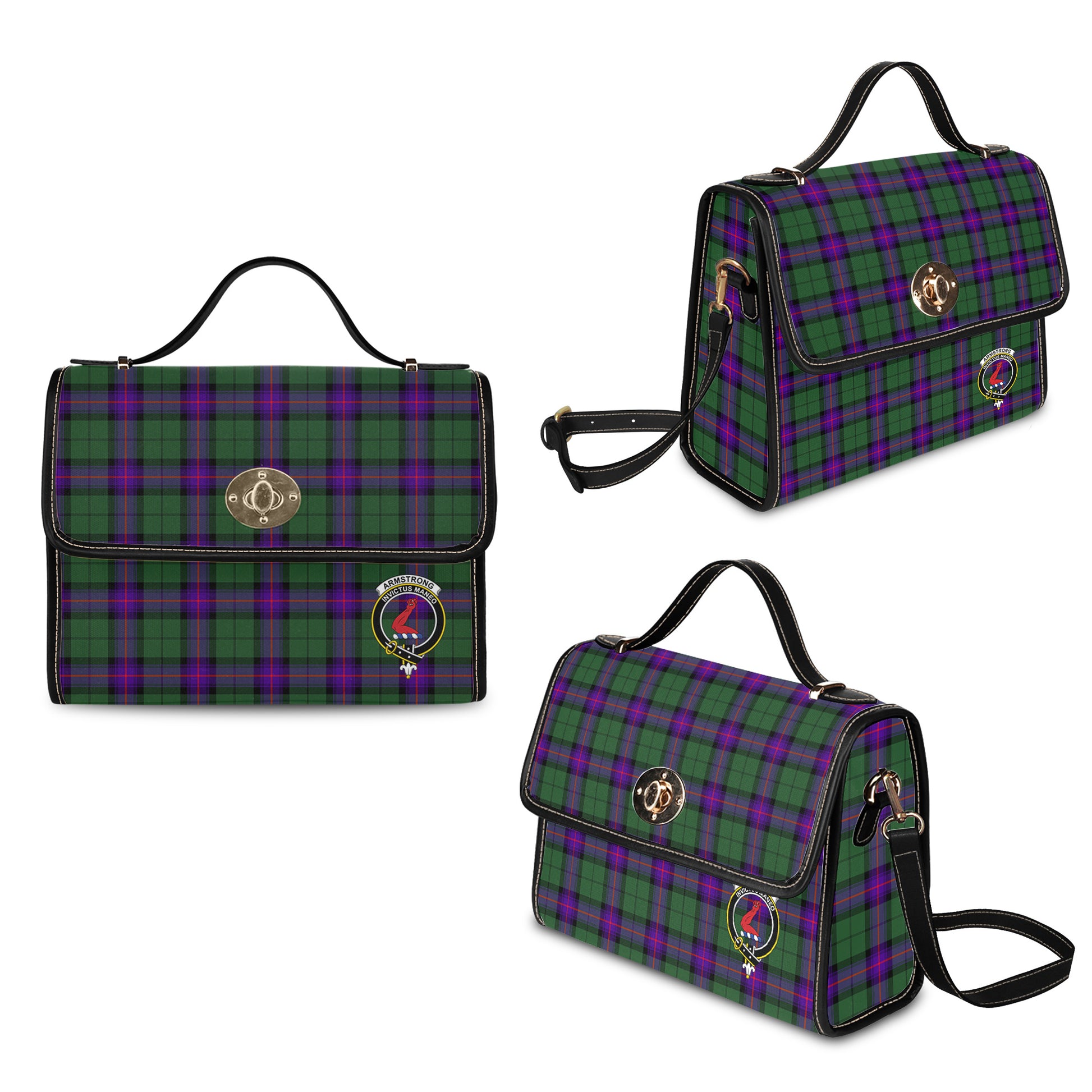 Armstrong Modern Tartan Leather Strap Waterproof Canvas Bag with Family Crest - Tartanvibesclothing