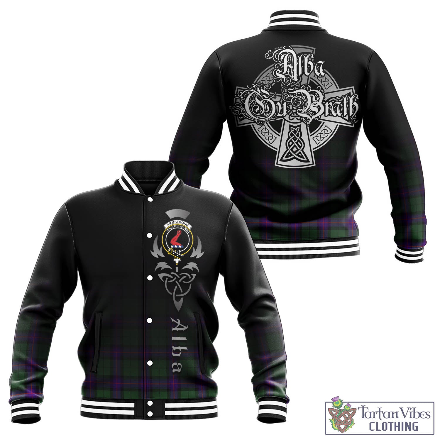 Tartan Vibes Clothing Armstrong Modern Tartan Baseball Jacket Featuring Alba Gu Brath Family Crest Celtic Inspired