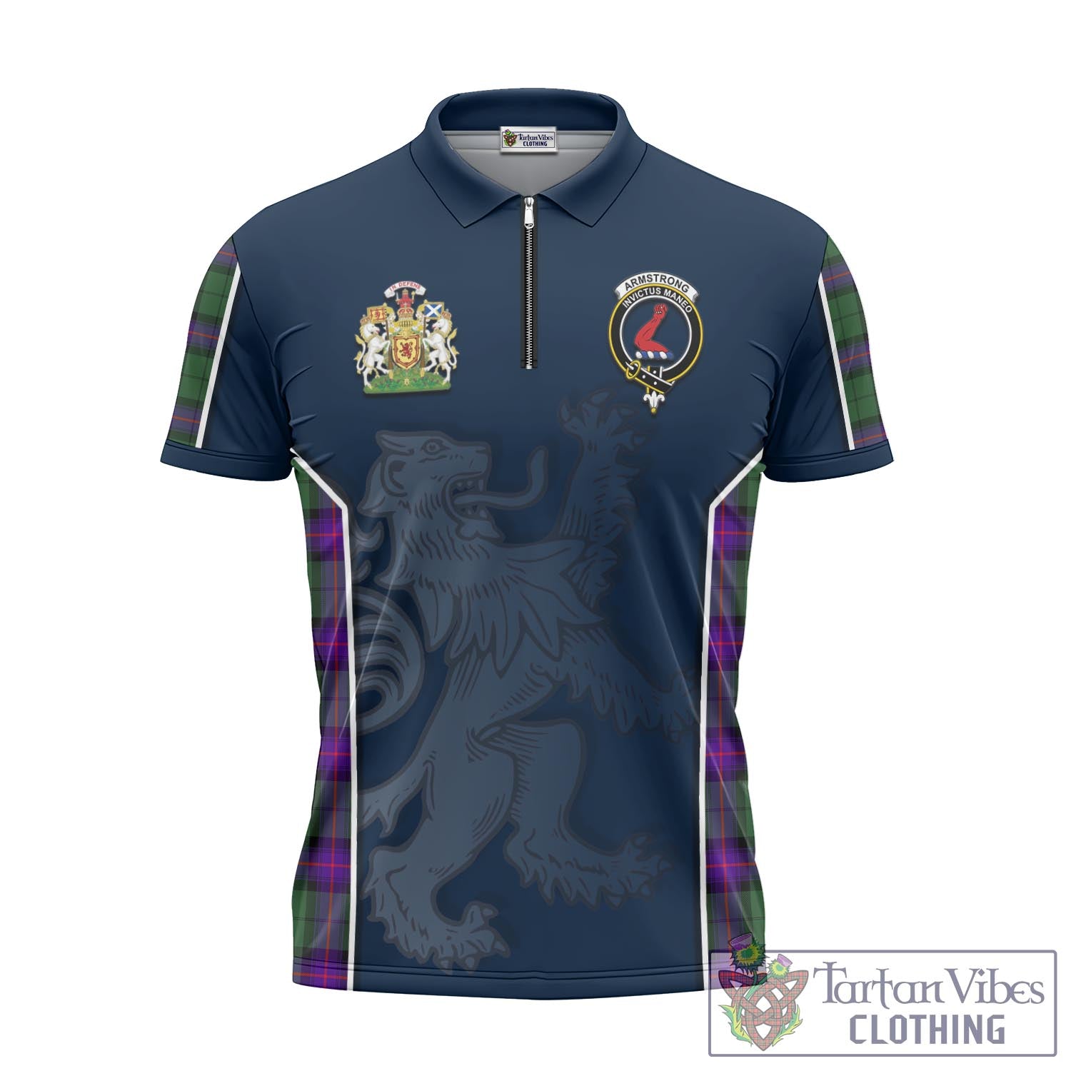 Tartan Vibes Clothing Armstrong Modern Tartan Zipper Polo Shirt with Family Crest and Lion Rampant Vibes Sport Style