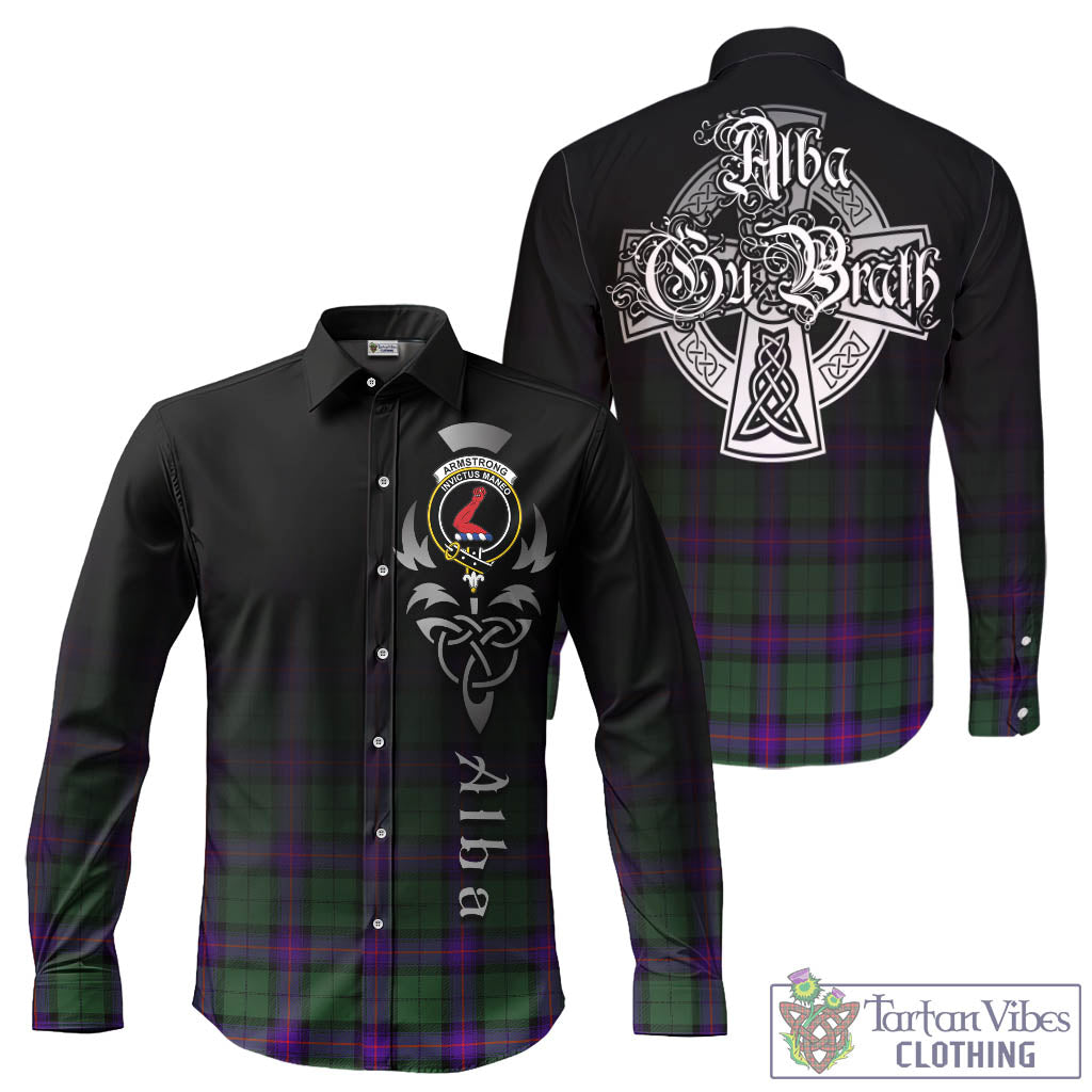 Tartan Vibes Clothing Armstrong Modern Tartan Long Sleeve Button Up Featuring Alba Gu Brath Family Crest Celtic Inspired