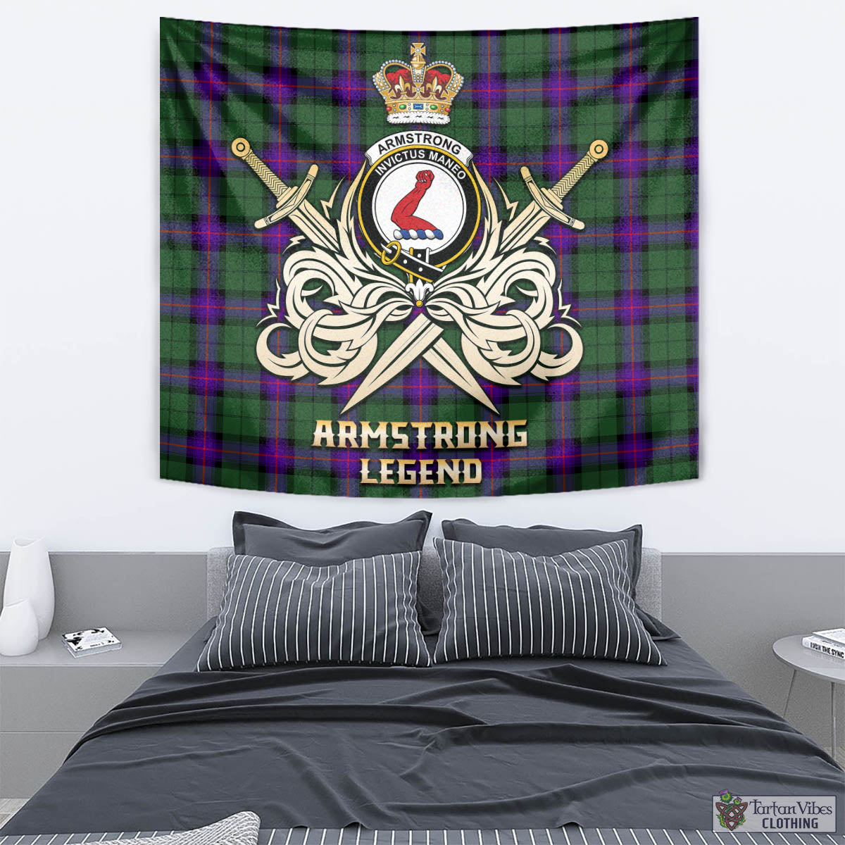 Tartan Vibes Clothing Armstrong Modern Tartan Tapestry with Clan Crest and the Golden Sword of Courageous Legacy