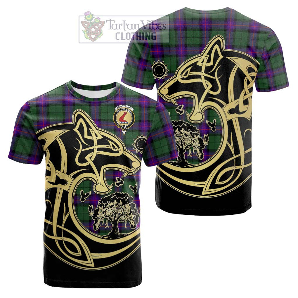 Tartan Vibes Clothing Armstrong Modern Tartan Cotton T-shirt with Family Crest Celtic Wolf Style