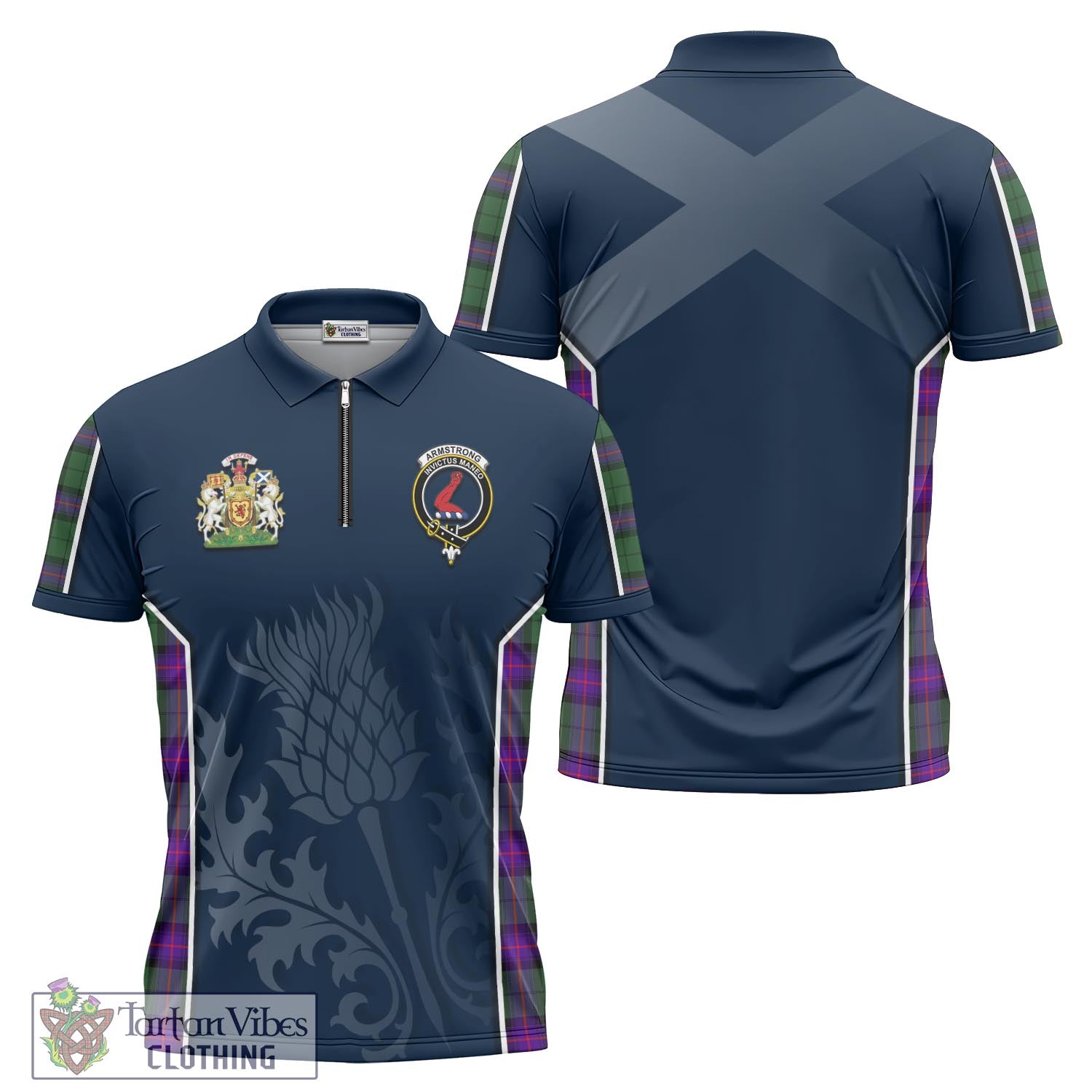 Tartan Vibes Clothing Armstrong Modern Tartan Zipper Polo Shirt with Family Crest and Scottish Thistle Vibes Sport Style