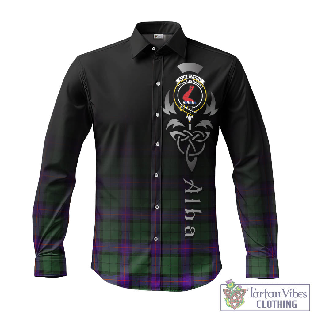 Tartan Vibes Clothing Armstrong Modern Tartan Long Sleeve Button Up Featuring Alba Gu Brath Family Crest Celtic Inspired