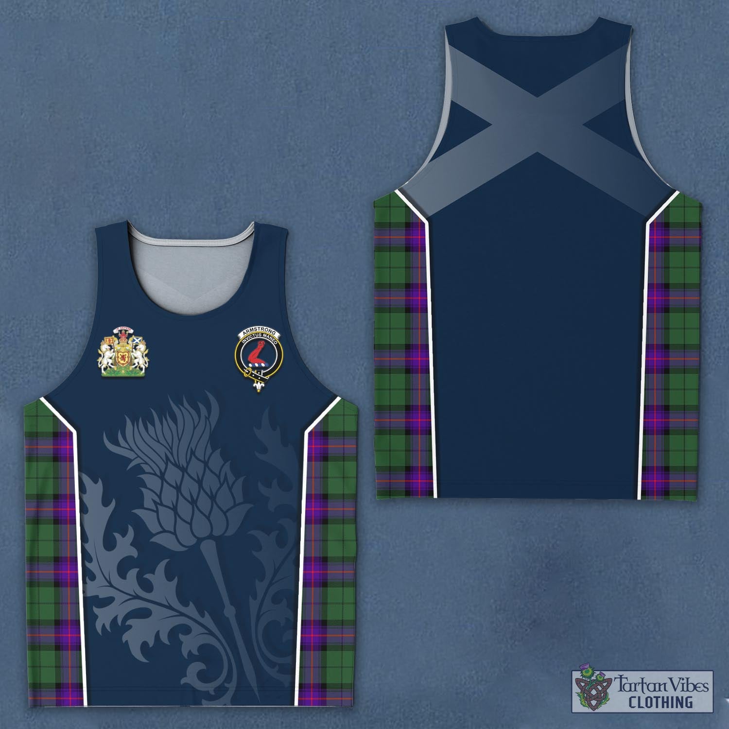 Tartan Vibes Clothing Armstrong Modern Tartan Men's Tanks Top with Family Crest and Scottish Thistle Vibes Sport Style