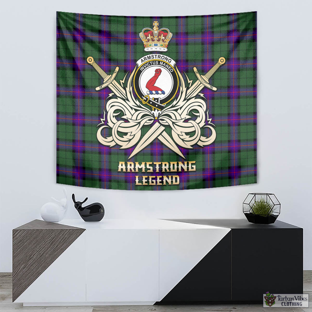 Tartan Vibes Clothing Armstrong Modern Tartan Tapestry with Clan Crest and the Golden Sword of Courageous Legacy