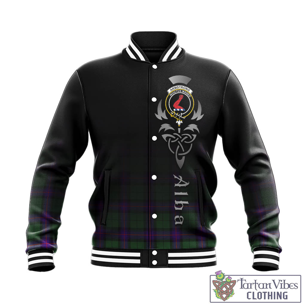 Tartan Vibes Clothing Armstrong Modern Tartan Baseball Jacket Featuring Alba Gu Brath Family Crest Celtic Inspired