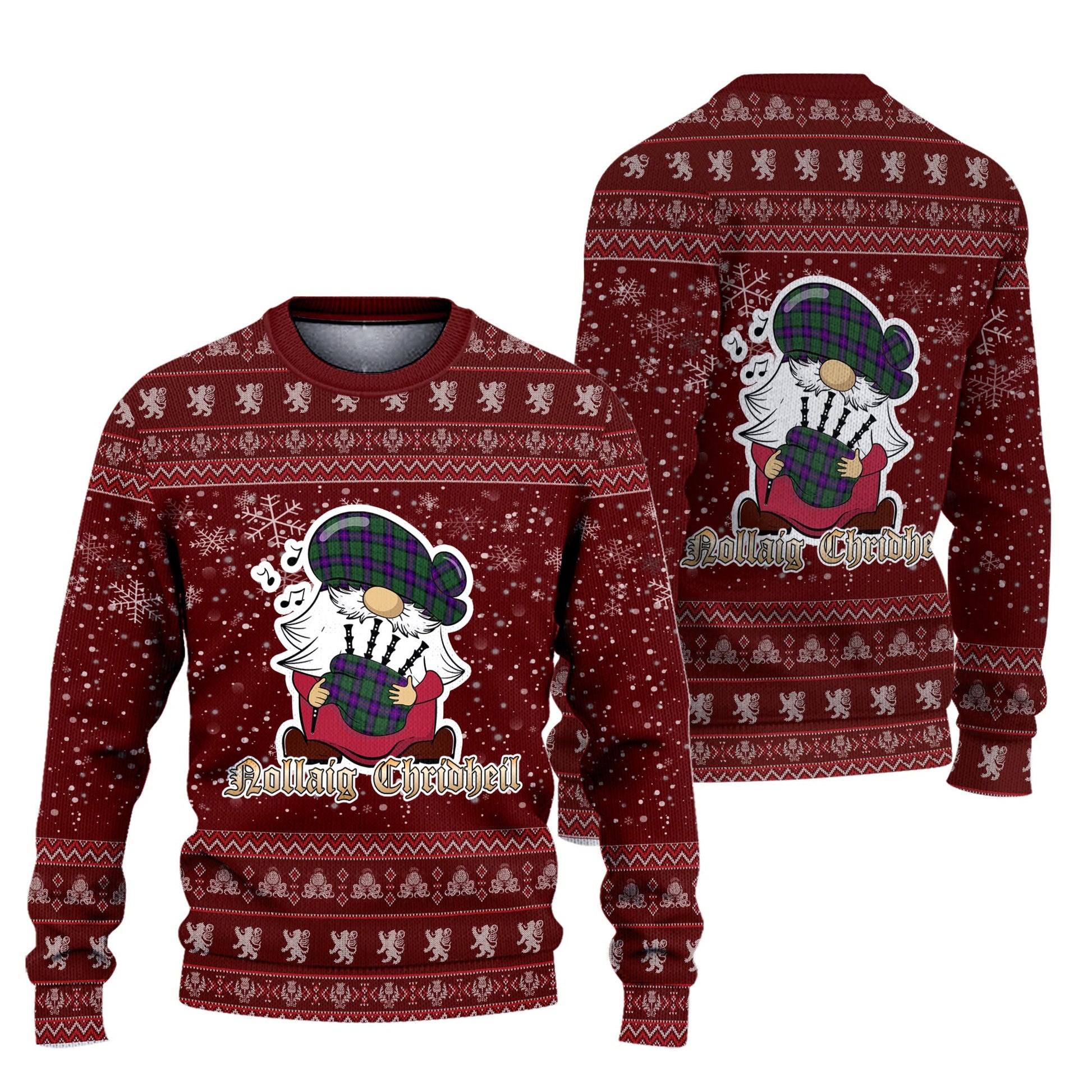 Armstrong Modern Clan Christmas Family Knitted Sweater with Funny Gnome Playing Bagpipes Unisex Red - Tartanvibesclothing