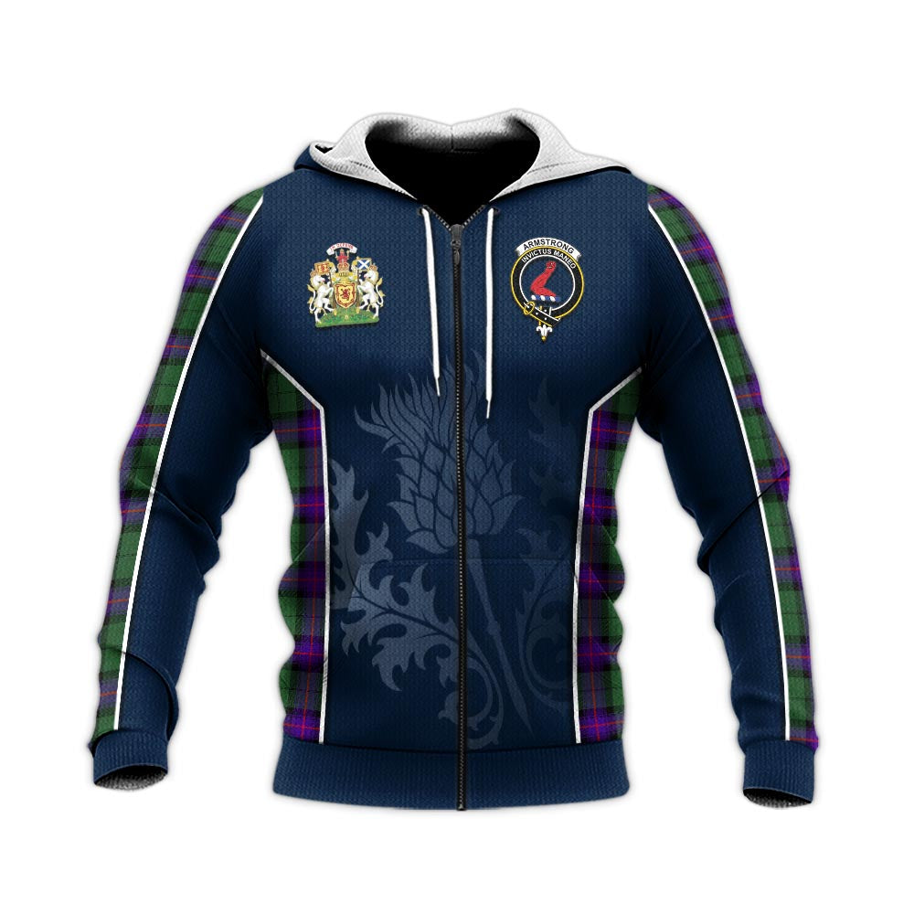 Tartan Vibes Clothing Armstrong Modern Tartan Knitted Hoodie with Family Crest and Scottish Thistle Vibes Sport Style