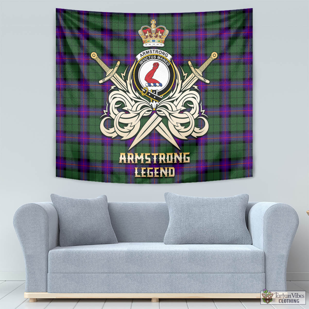 Tartan Vibes Clothing Armstrong Modern Tartan Tapestry with Clan Crest and the Golden Sword of Courageous Legacy