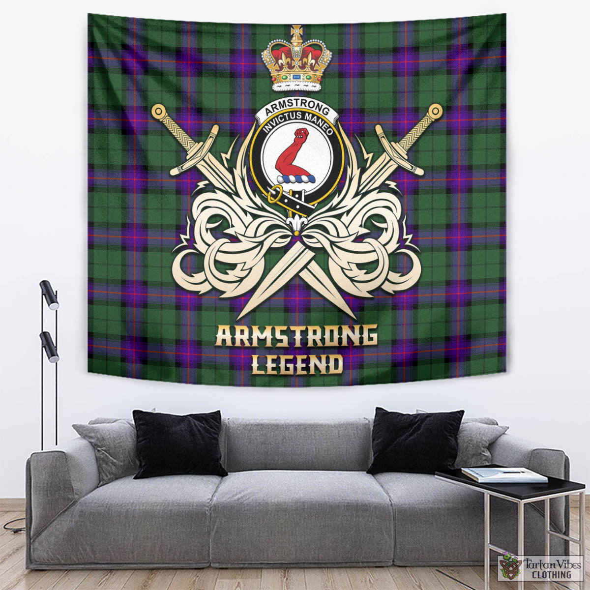 Tartan Vibes Clothing Armstrong Modern Tartan Tapestry with Clan Crest and the Golden Sword of Courageous Legacy