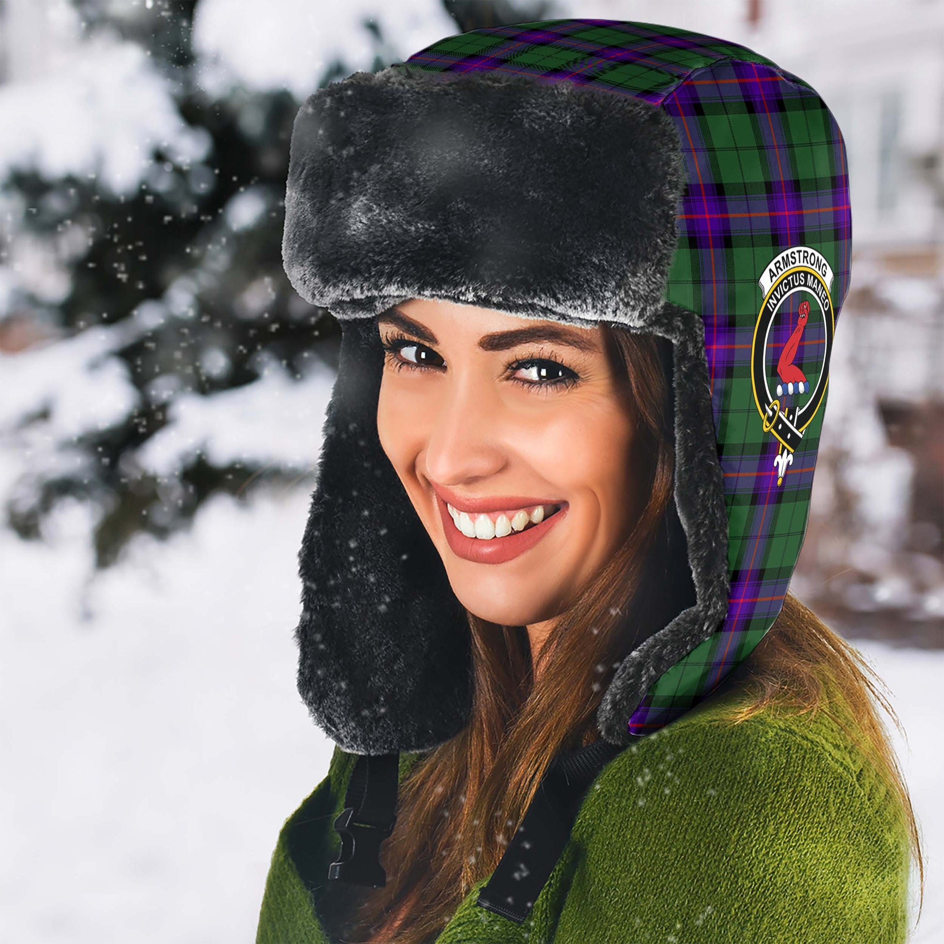 Armstrong Modern Tartan Winter Trapper Hat with Family Crest - Tartanvibesclothing