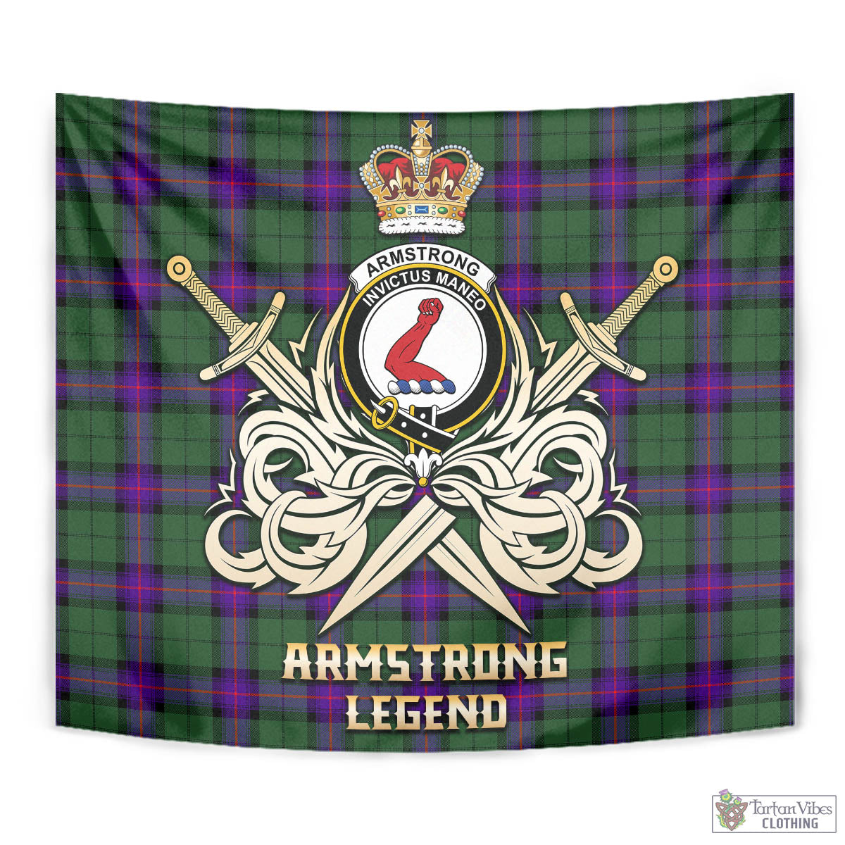 Tartan Vibes Clothing Armstrong Modern Tartan Tapestry with Clan Crest and the Golden Sword of Courageous Legacy