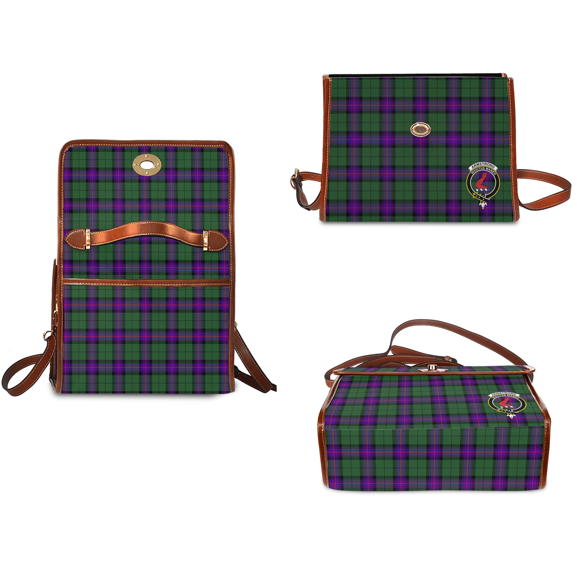 Armstrong Modern Tartan Leather Strap Waterproof Canvas Bag with Family Crest - Tartanvibesclothing