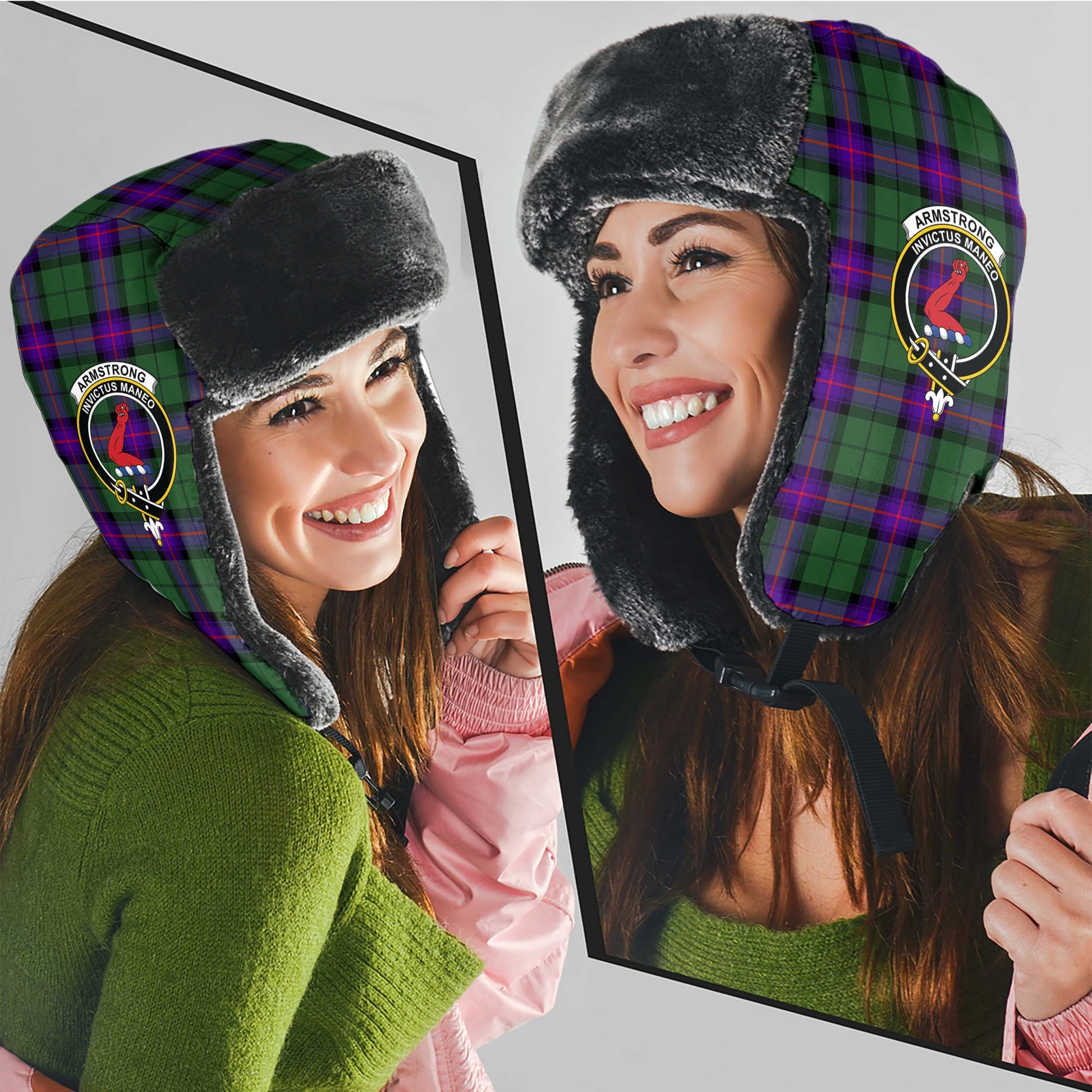 Armstrong Modern Tartan Winter Trapper Hat with Family Crest - Tartanvibesclothing