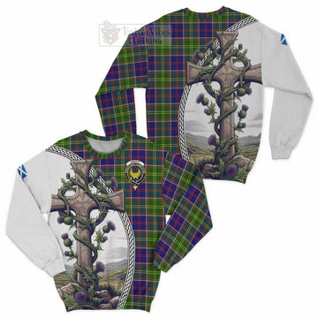 Arnott Tartan Sweatshirt with Family Crest and St. Andrew's Cross Accented by Thistle Vines Unisex - Tartan Vibes Clothing