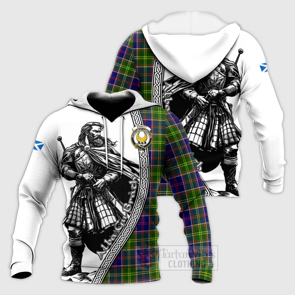 Tartan Vibes Clothing Arnott Tartan Clan Crest Knitted Hoodie with Highlander Warrior Celtic Style