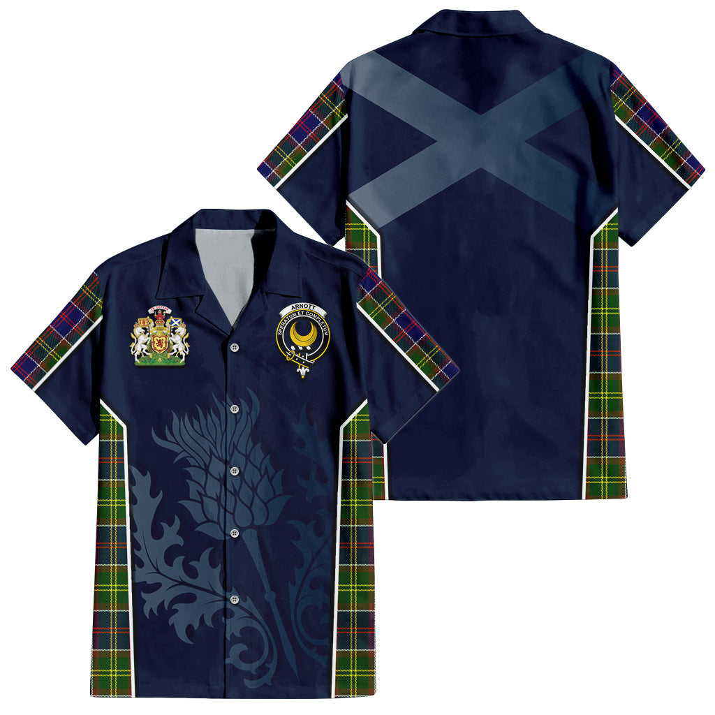 Tartan Vibes Clothing Arnott Tartan Short Sleeve Button Up Shirt with Family Crest and Scottish Thistle Vibes Sport Style