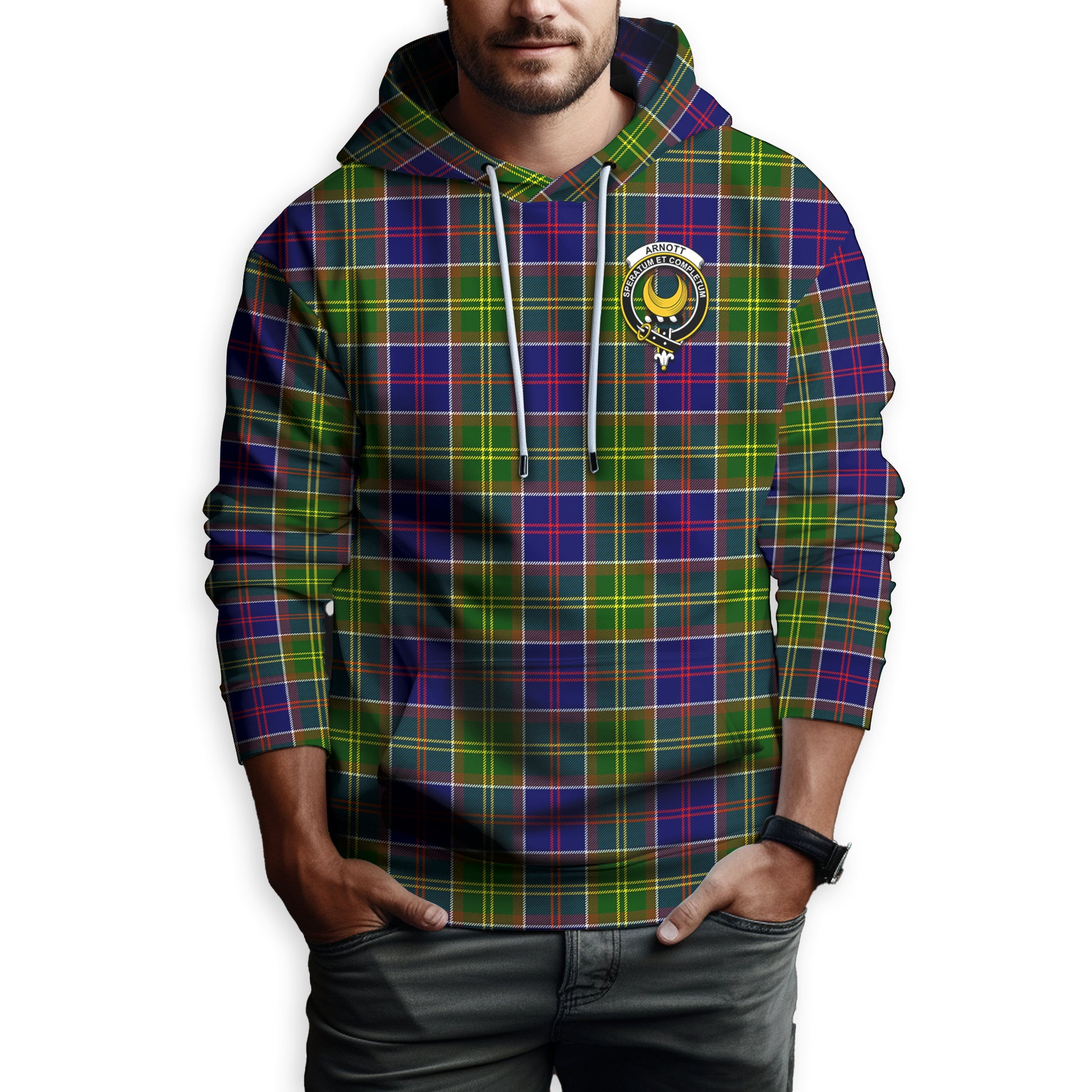 Arnott Tartan Hoodie with Family Crest - Tartanvibesclothing