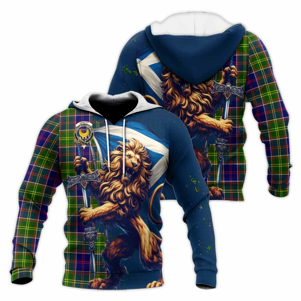 Tartan Vibes Clothing Arnott Tartan Family Crest Knitted Hoodie with Scottish Majestic Lion