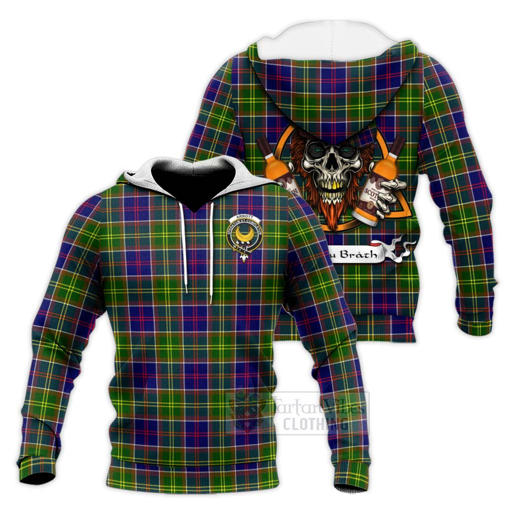 Tartan Vibes Clothing Arnott Tartan Knitted Hoodie with Family Crest and Bearded Skull Holding Bottles of Whiskey