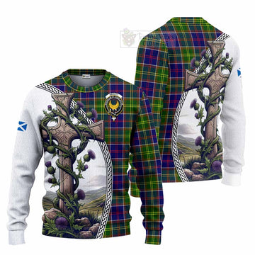 Arnott Tartan Knitted Sweater with Family Crest and St. Andrew's Cross Accented by Thistle Vines Unisex - Tartan Vibes Clothing