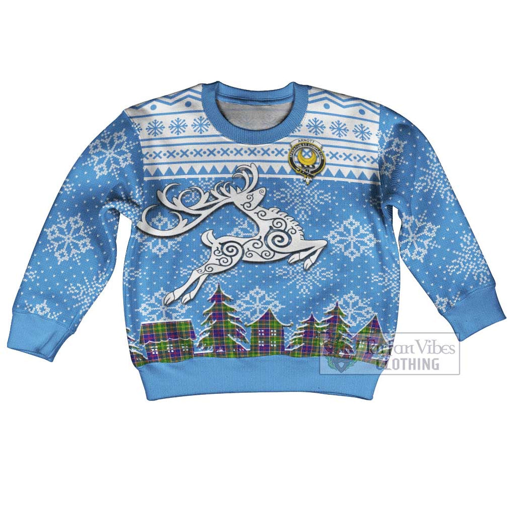 Tartan Vibes Clothing Arnott Clan Christmas Kid Ugly Sweater with Tartan and Celtic Raindeer Style