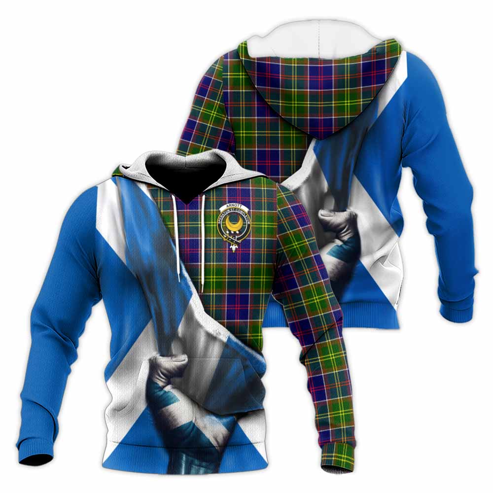 Tartan Vibes Clothing Arnott Tartan Knitted Hoodie with Family Crest Scotland Patriotic Style