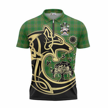 Arnott Irish Tartan Zipper Polo Shirt with Coat of Arms Celtic Wolf Style