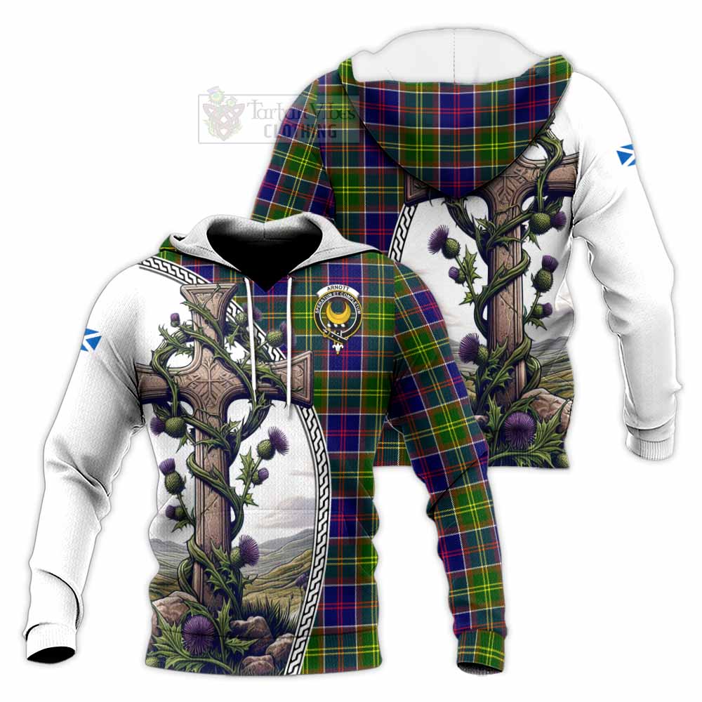 Tartan Vibes Clothing Arnott Tartan Knitted Hoodie with Family Crest and St. Andrew's Cross Accented by Thistle Vines