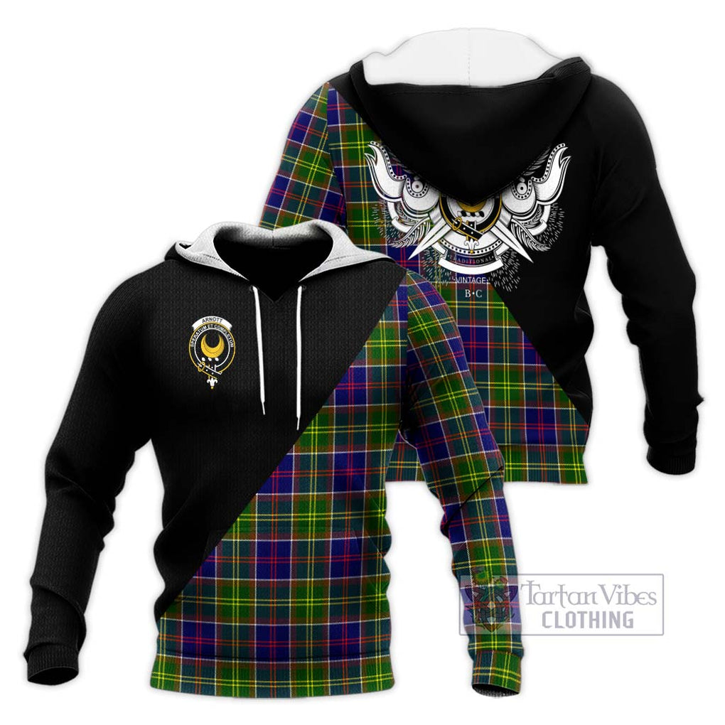 Arnott Tartan Knitted Hoodie with Family Crest and Military Logo Style Unisex Knitted Pullover Hoodie - Tartanvibesclothing Shop