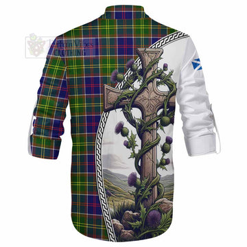 Arnott Tartan Ghillie Kilt Shirt with Family Crest and St. Andrew's Cross Accented by Thistle Vines - Tartan Vibes Clothing
