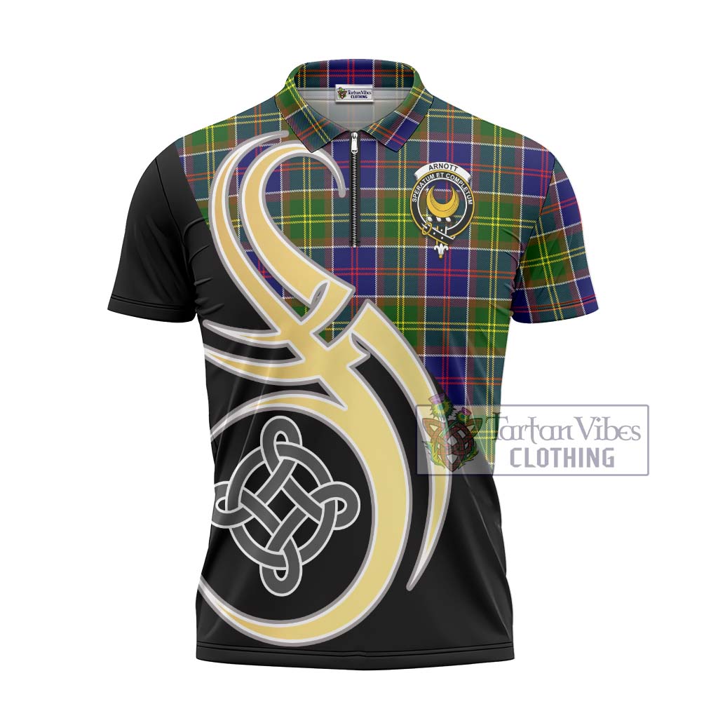 Tartan Vibes Clothing Arnott Tartan Zipper Polo Shirt with Family Crest and Celtic Symbol Style