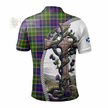 Arnott Tartan Polo Shirt with Family Crest and St. Andrew's Cross Accented by Thistle Vines - Tartan Vibes Clothing