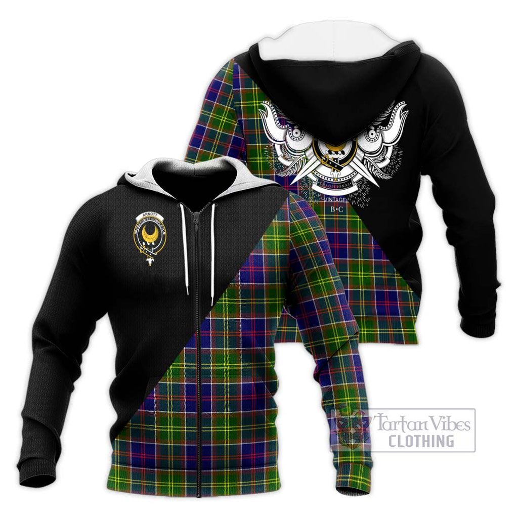 Arnott Tartan Knitted Hoodie with Family Crest and Military Logo Style Unisex Knitted Zip Hoodie - Tartanvibesclothing Shop