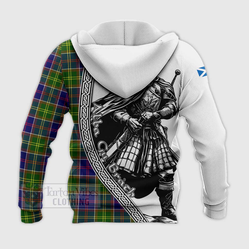 Tartan Vibes Clothing Arnott Tartan Clan Crest Knitted Hoodie with Highlander Warrior Celtic Style