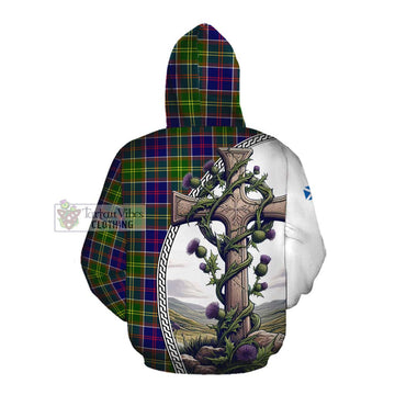 Arnott Tartan Cotton Hoodie with Family Crest and St. Andrew's Cross Accented by Thistle Vines Pullover Hoodie - Tartan Vibes Clothing