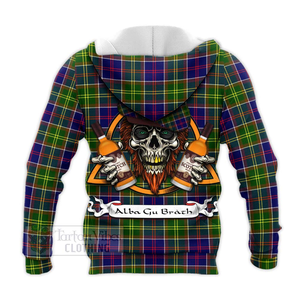 Tartan Vibes Clothing Arnott Tartan Knitted Hoodie with Family Crest and Bearded Skull Holding Bottles of Whiskey