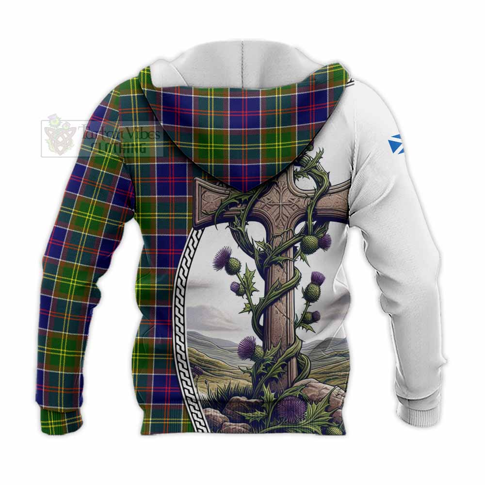 Tartan Vibes Clothing Arnott Tartan Knitted Hoodie with Family Crest and St. Andrew's Cross Accented by Thistle Vines