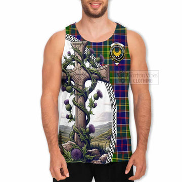 Arnott Tartan Men's Tank Top with Family Crest and St. Andrew's Cross Accented by Thistle Vines - Tartan Vibes Clothing
