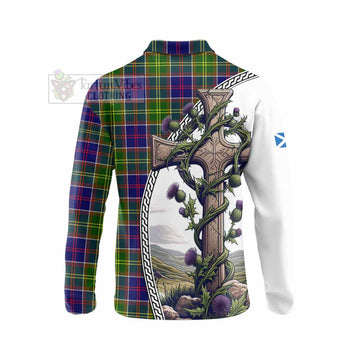 Arnott Tartan Long Sleeve Polo Shirt with Family Crest and St. Andrew's Cross Accented by Thistle Vines - Tartan Vibes Clothing