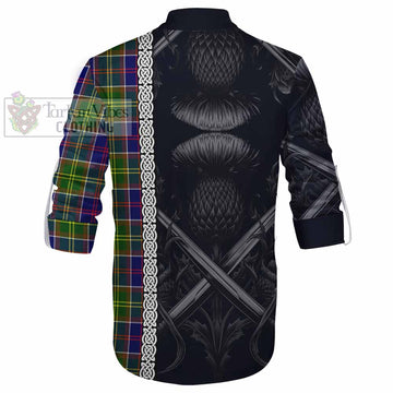 Arnott Tartan Ghillie Kilt Shirt with Family Crest Cross Sword Thistle Celtic Vibes - Tartan Vibes Clothing