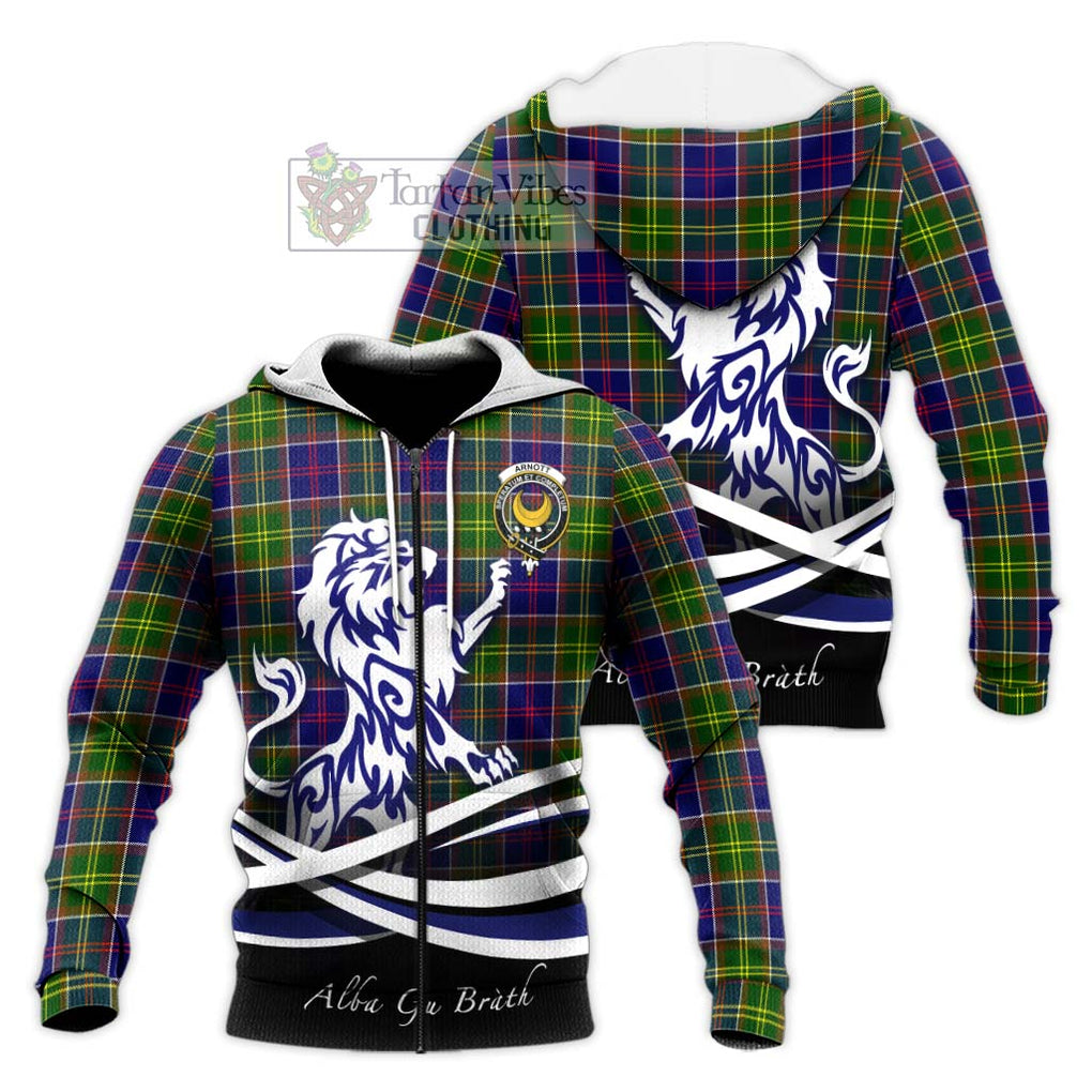 Arnott Tartan Knitted Hoodie with Alba Gu Brath Regal Lion Emblem Unisex Knitted Zip Hoodie - Tartanvibesclothing Shop