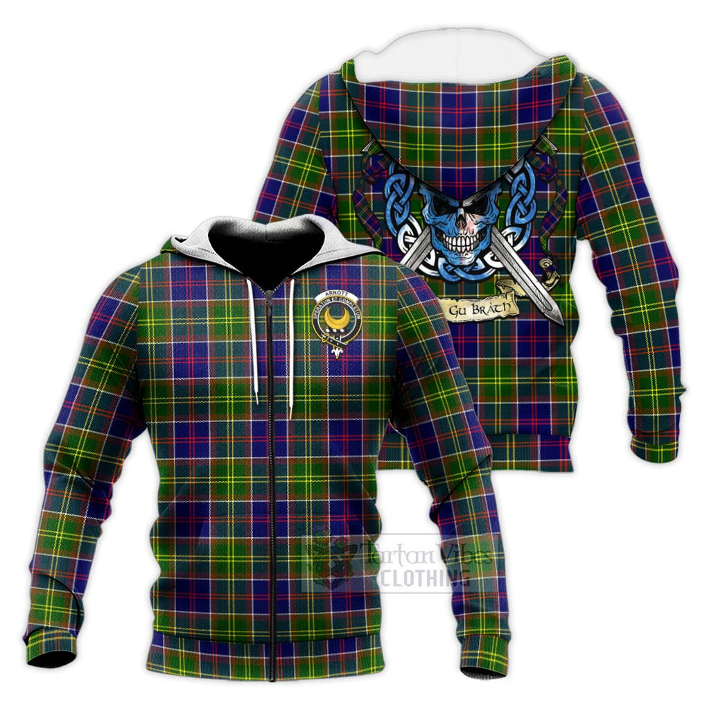 Tartan Vibes Clothing Arnott Tartan Knitted Hoodie with Family Crest Celtic Skull Style