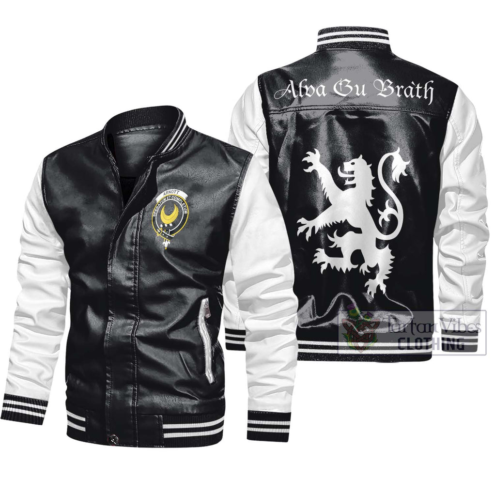 Arnott Family Crest Leather Bomber Jacket Lion Rampant Alba Gu Brath Style Black - White Unisex - 2D-tartanvibesclothing