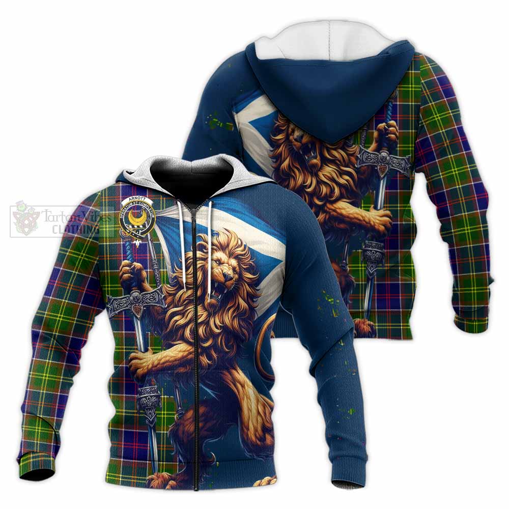 Tartan Vibes Clothing Arnott Tartan Family Crest Knitted Hoodie with Scottish Majestic Lion