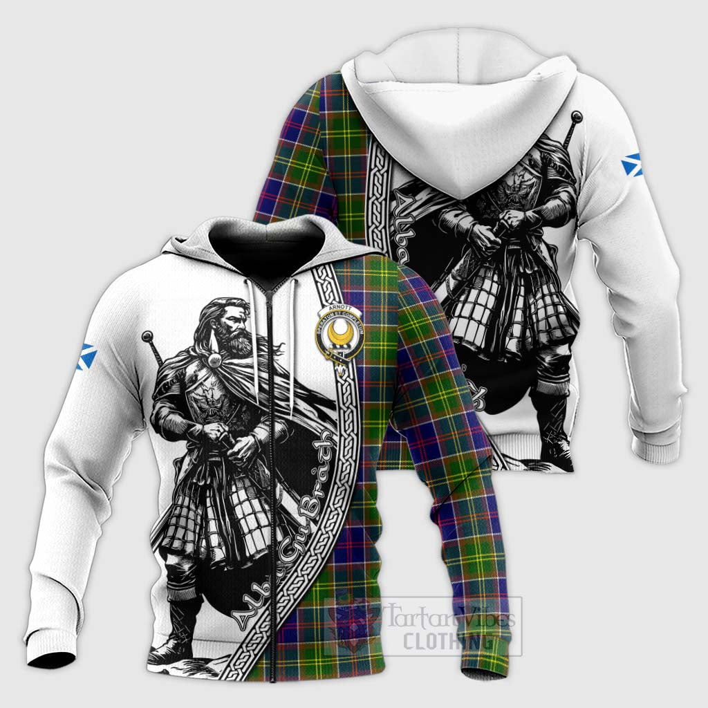 Tartan Vibes Clothing Arnott Tartan Clan Crest Knitted Hoodie with Highlander Warrior Celtic Style